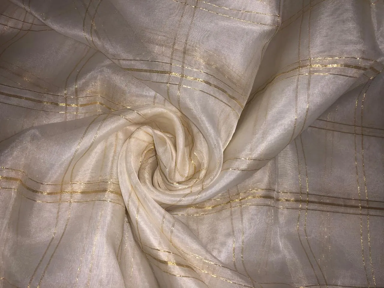 100% SILK ORGANZA FABRIC  IVORY COLOR WITH METALIC GOLD PLAIDS 44" WIDE [16290]