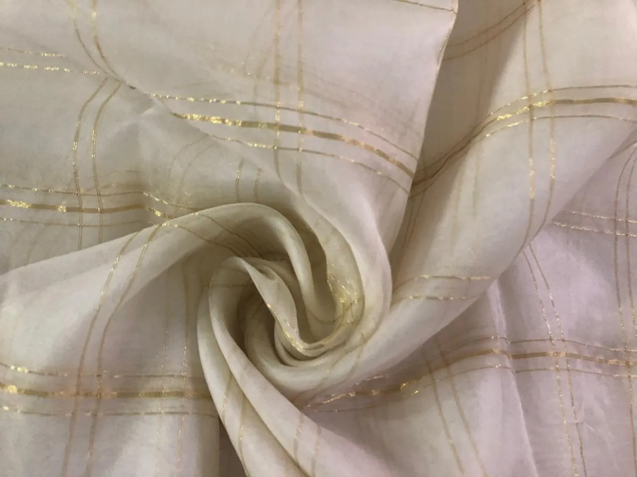 100% SILK ORGANZA FABRIC  IVORY COLOR WITH METALIC GOLD PLAIDS 44" WIDE [16290]