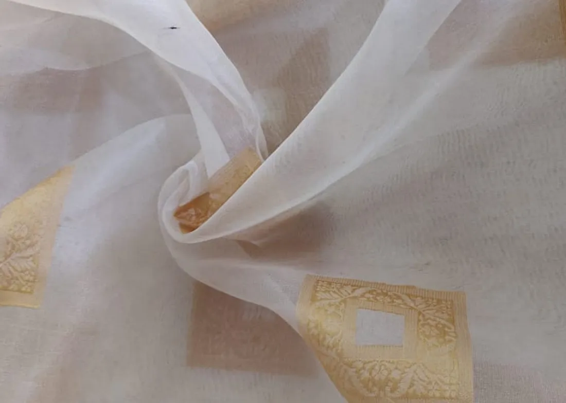 100% silk organza ivory with Geometric square gold jacquard design fabric 54" [11014]