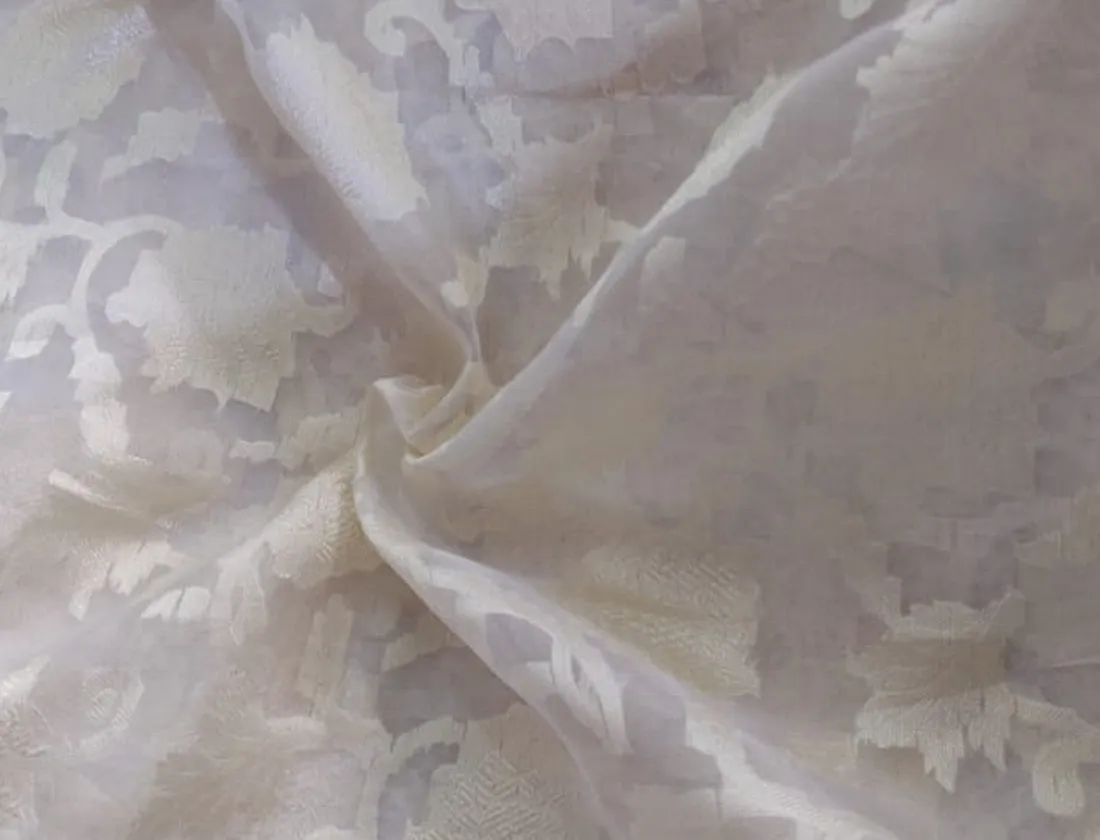 100% silk organza jacquard fabric white ivory with white gold jacquard 54"wide =[11009]