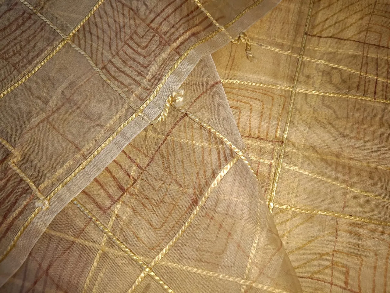 100% silk organza plaids gold with abstract design fabric 44" WIDE [9893]