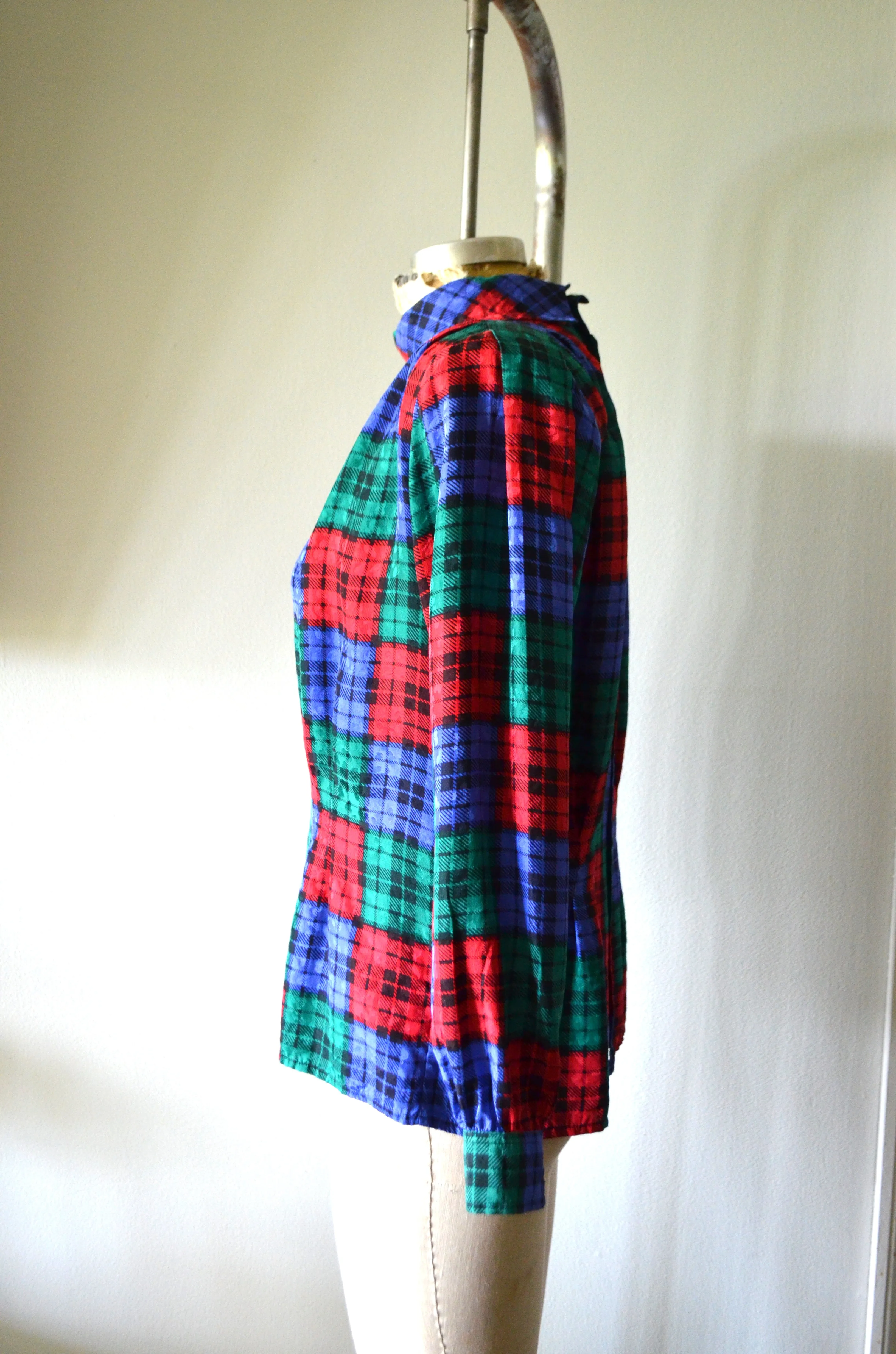 1980s Jerri Sherman silk pleated multicolor plaid houndstooth blouse