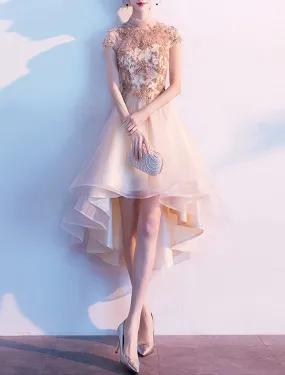 A-Line Cocktail Dresses Chinese Style Dress Wedding Guest Homecoming Asymmetrical Short Sleeve High Neck Tulle with Pleats Appliques