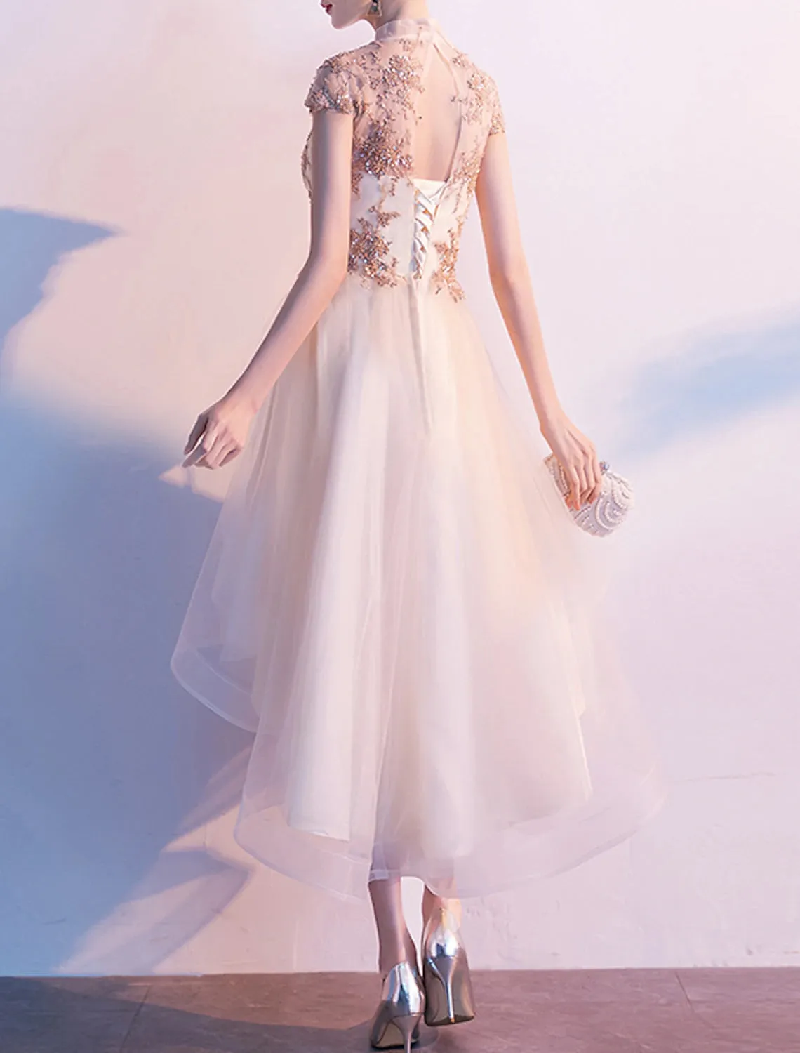 A-Line Cocktail Dresses Chinese Style Dress Wedding Guest Homecoming Asymmetrical Short Sleeve High Neck Tulle with Pleats Appliques