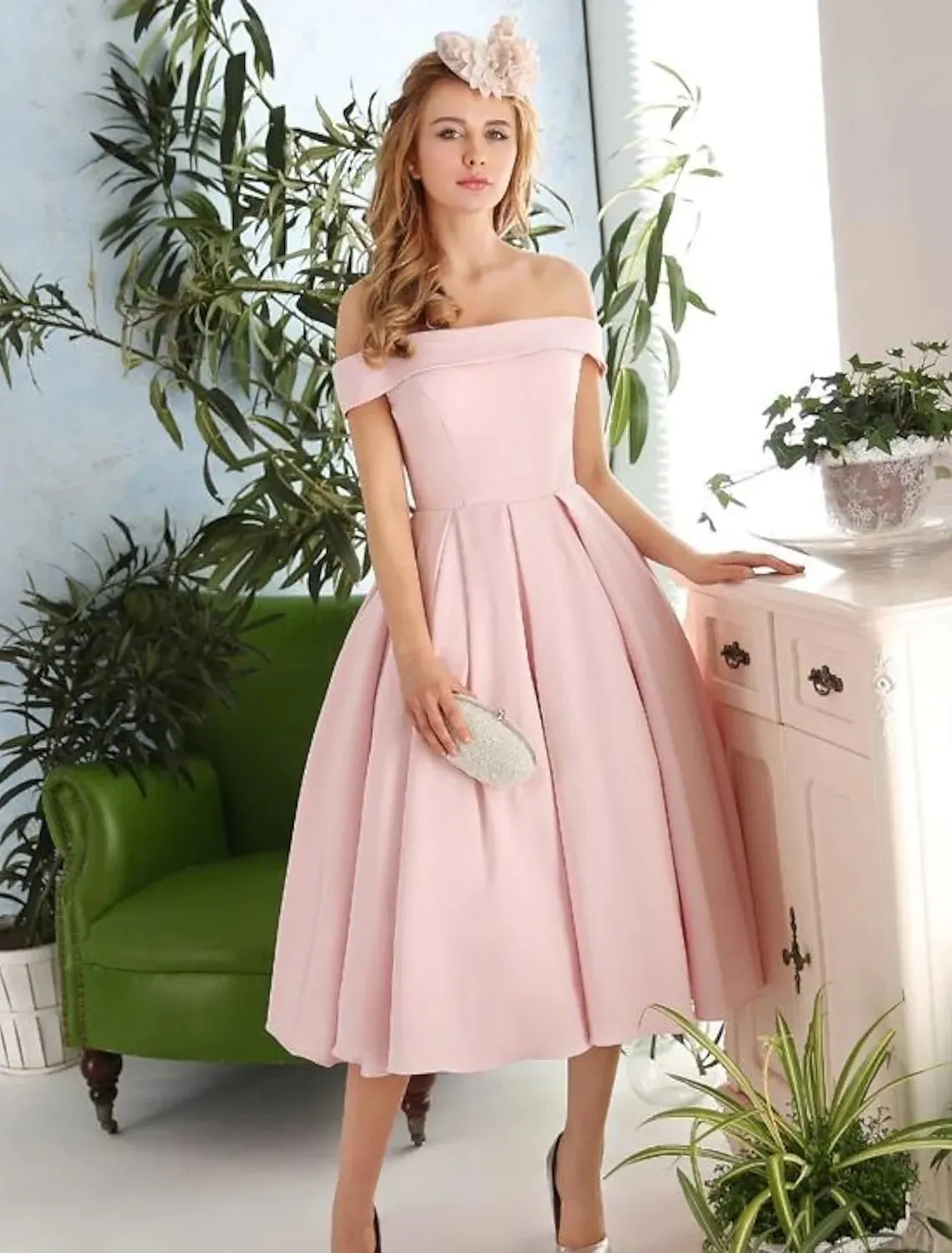 A-Line Cocktail Dresses Vintage Dress Engagement Sleeveless Off Shoulder Stretch Fabric with Pleats