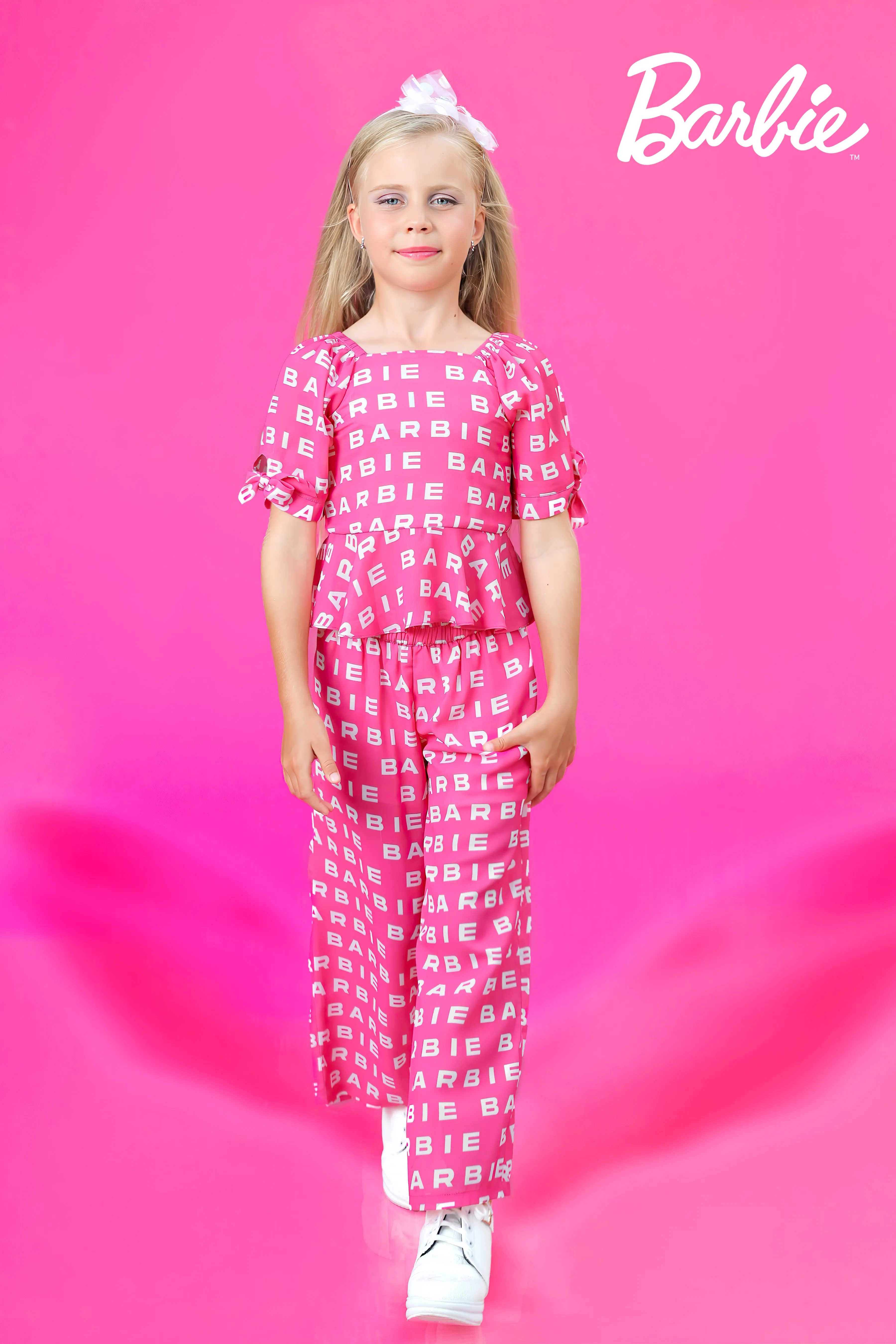 Barbie Square Neck Top with Tie Sleeves & Wide Leg Palazzo Pants Set