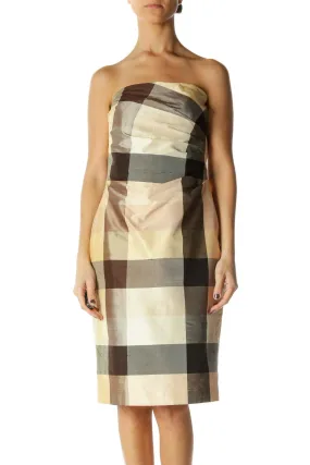 Beige Brown Plaid Strapless Dress