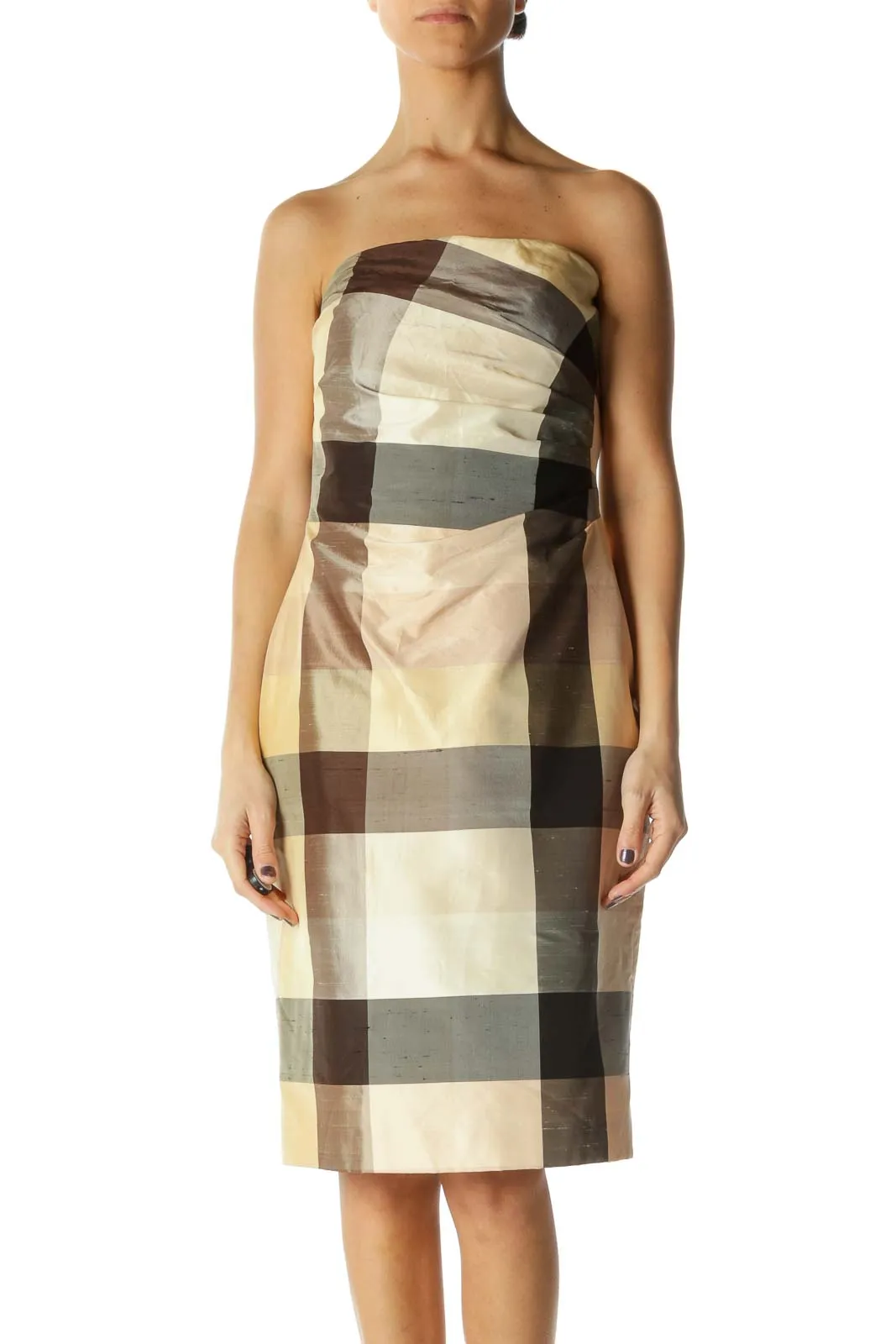 Beige Brown Plaid Strapless Dress