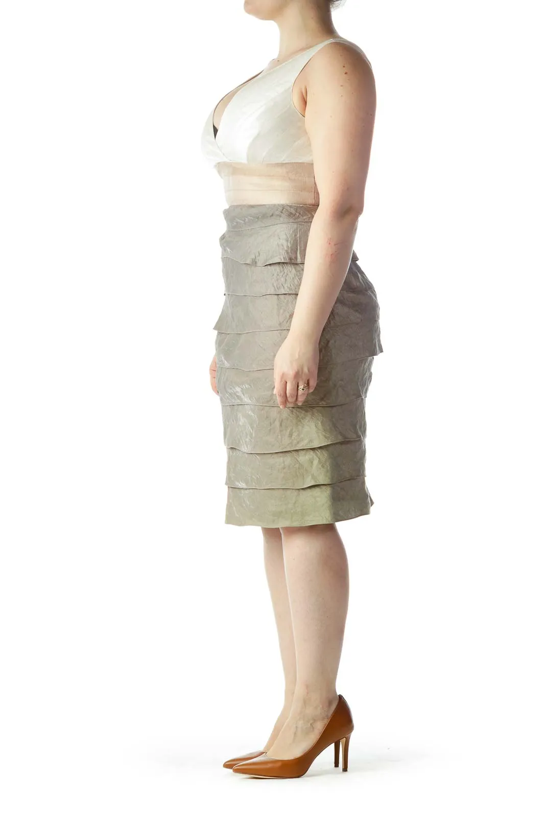 Beige Cream Gray Ruffled Cocktail Dress