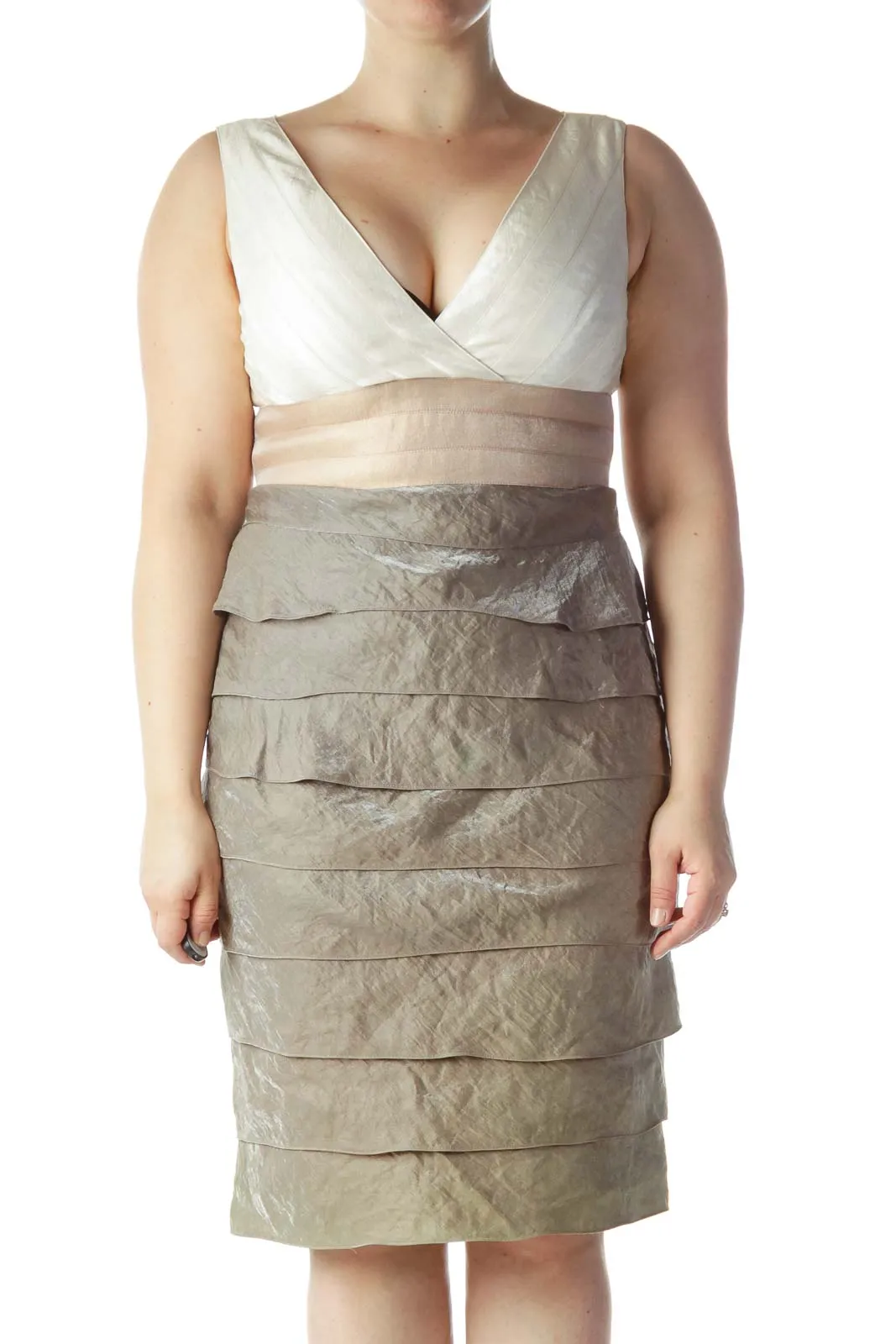 Beige Cream Gray Ruffled Cocktail Dress