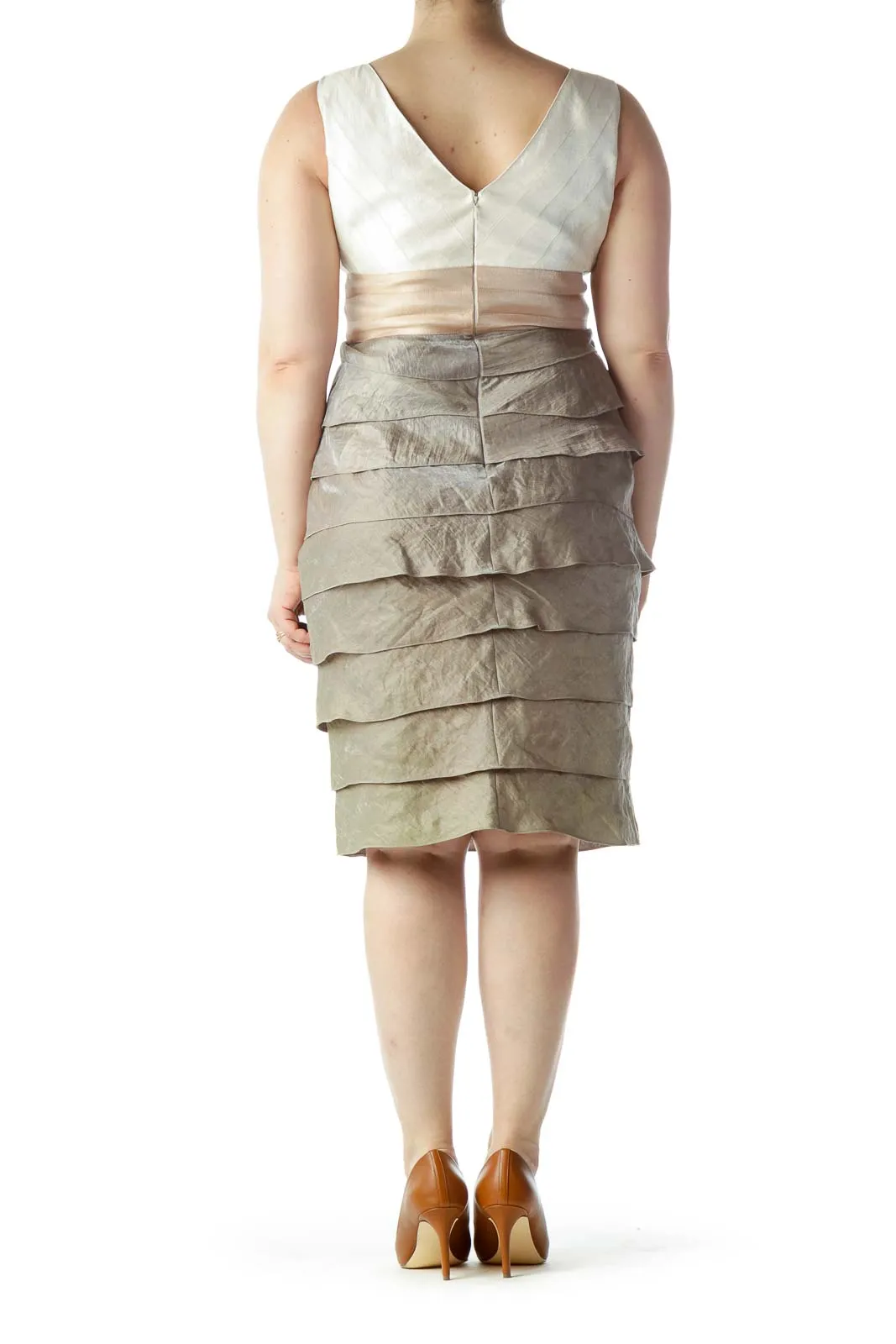 Beige Cream Gray Ruffled Cocktail Dress