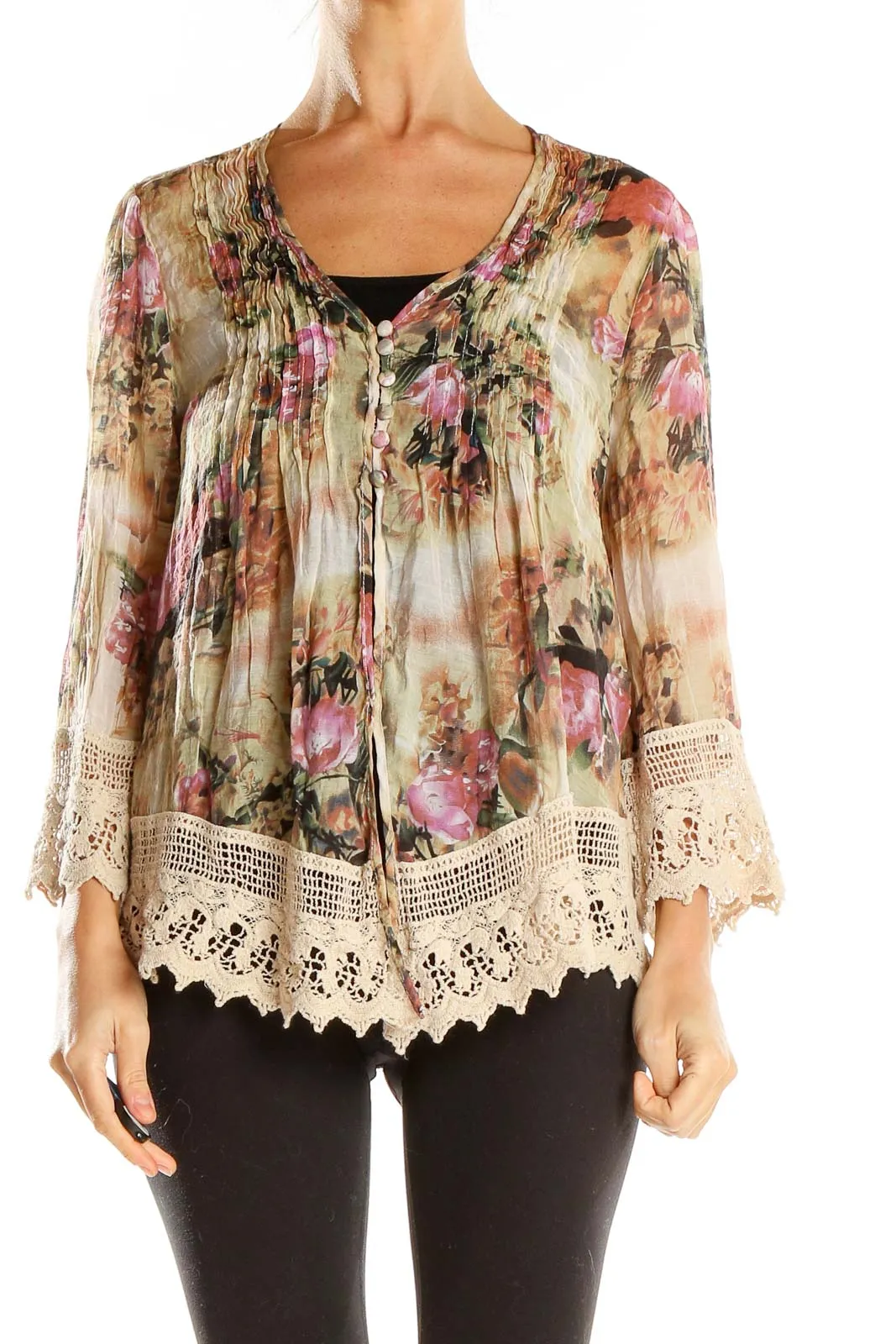 Beige Floral Lace-Trimmed Blouse