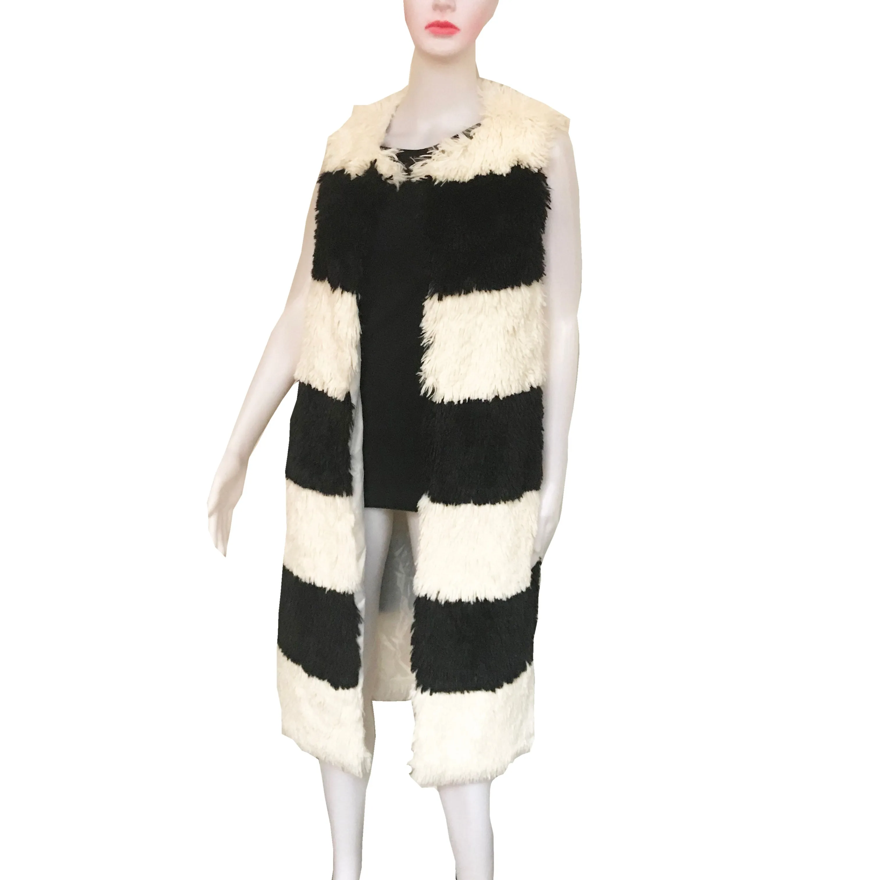 Black & White Long Faux Fur Vest