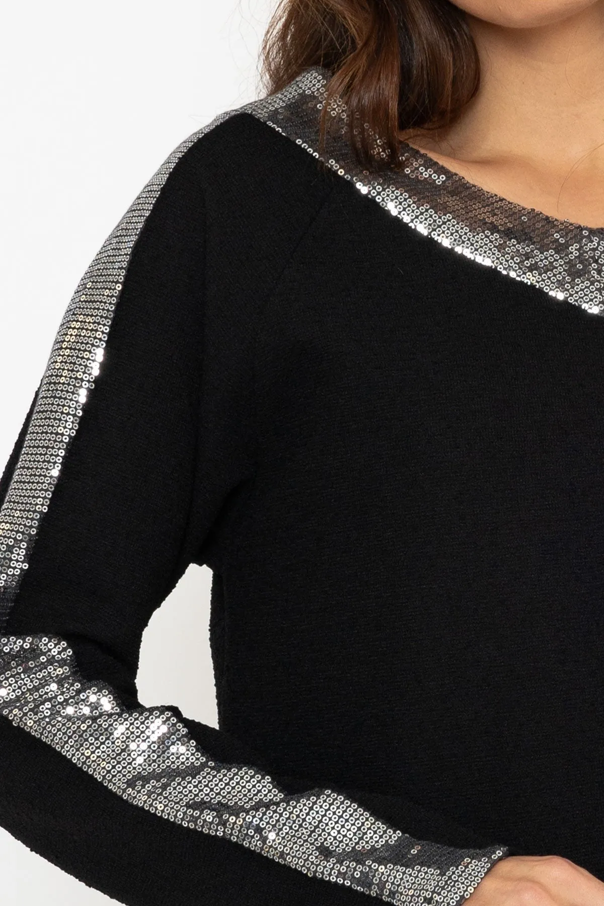 Black Long Sleeve Sequin Trim Top