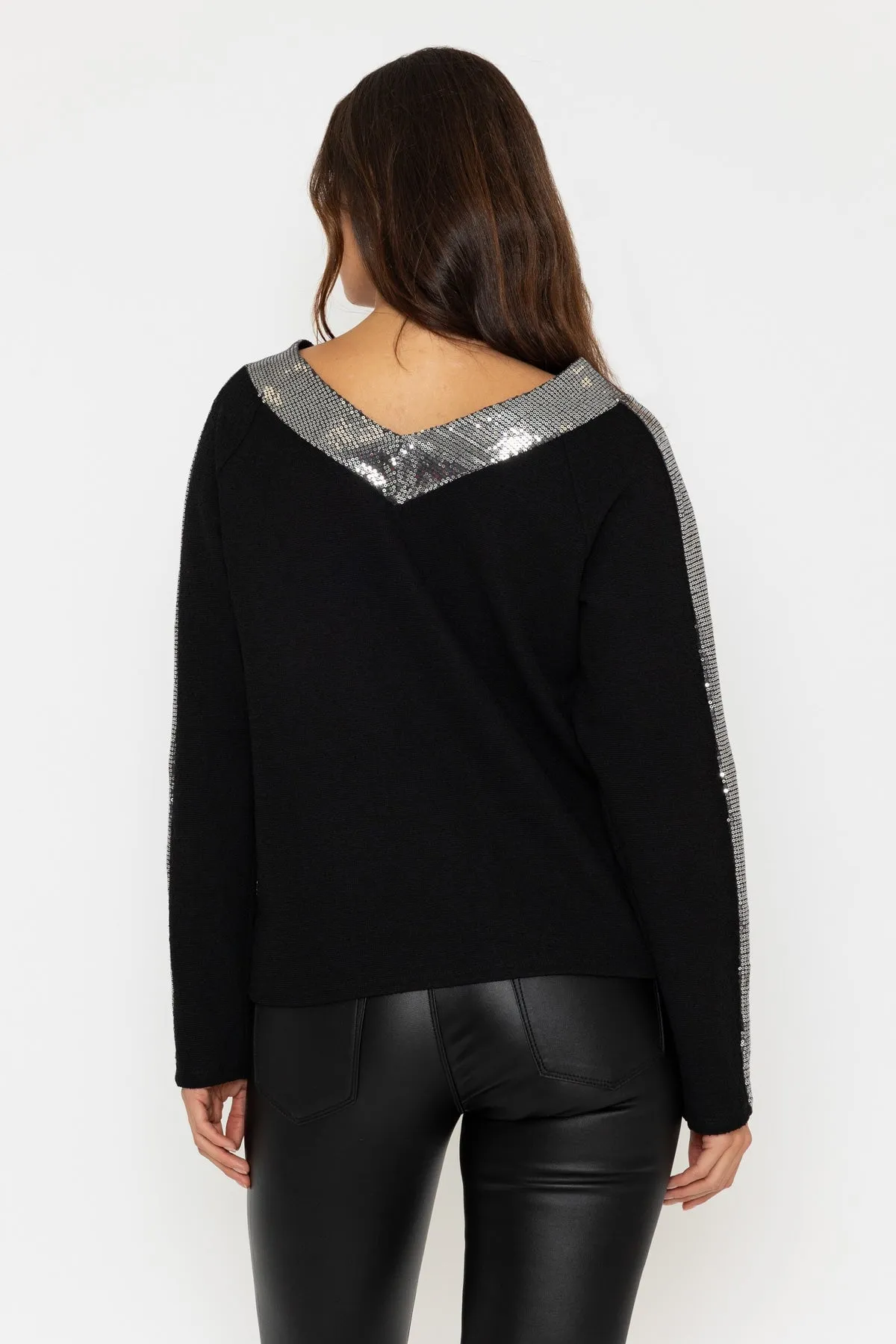 Black Long Sleeve Sequin Trim Top