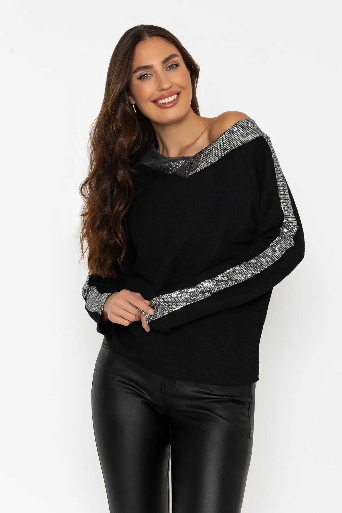 Black Long Sleeve Sequin Trim Top