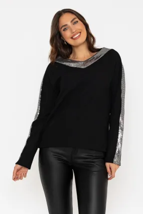 Black Long Sleeve Sequin Trim Top