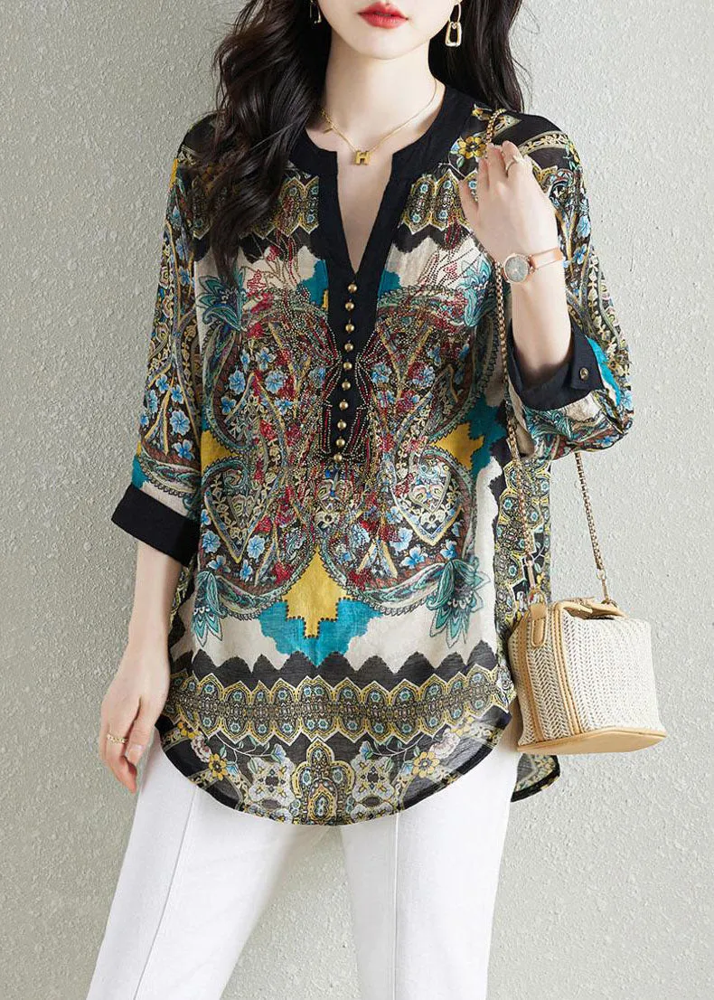 Black Print Patchwork Chiffon Shirt Tops V Neck Nail Bead Summer LY7551