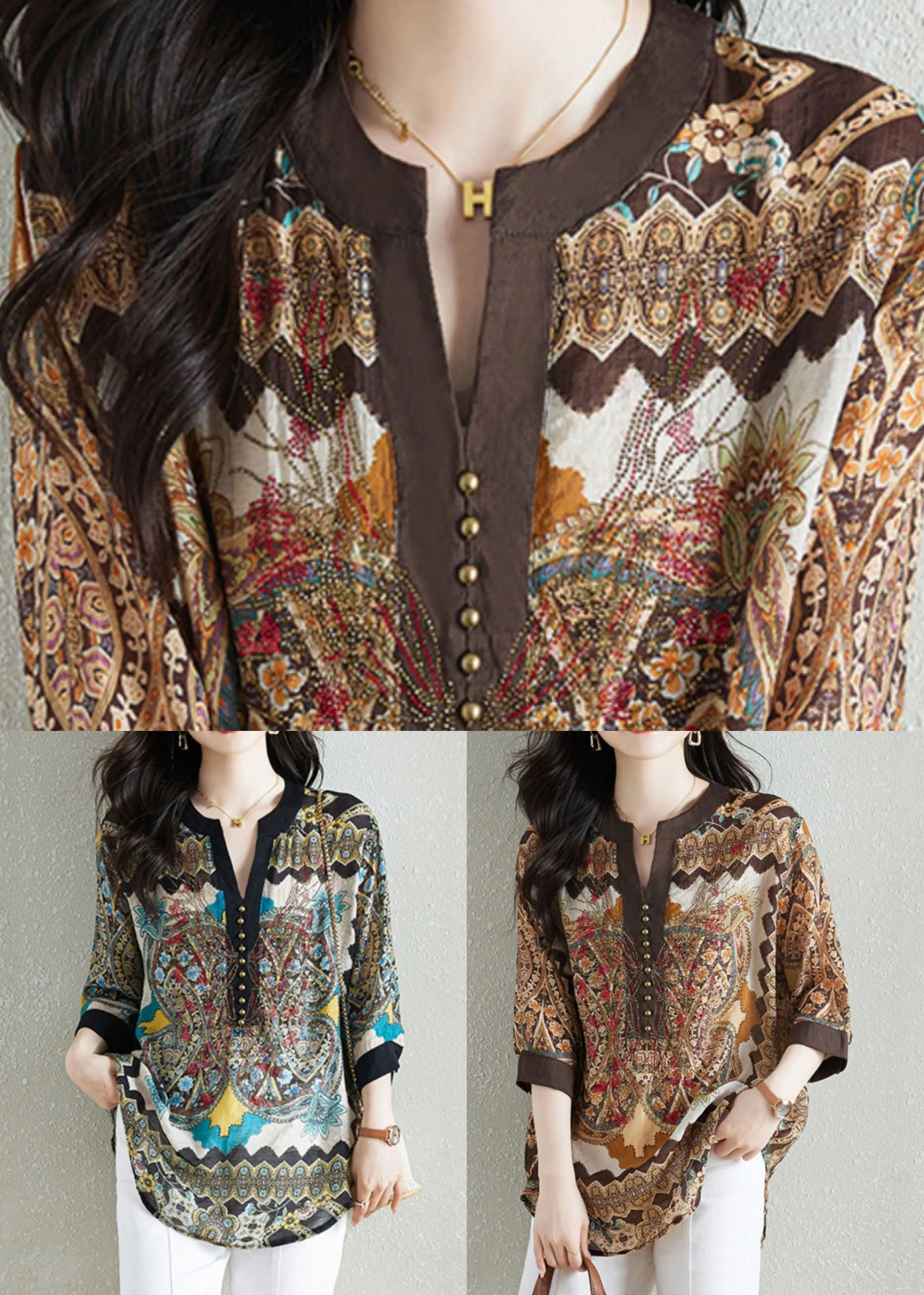 Black Print Patchwork Chiffon Shirt Tops V Neck Nail Bead Summer LY7551