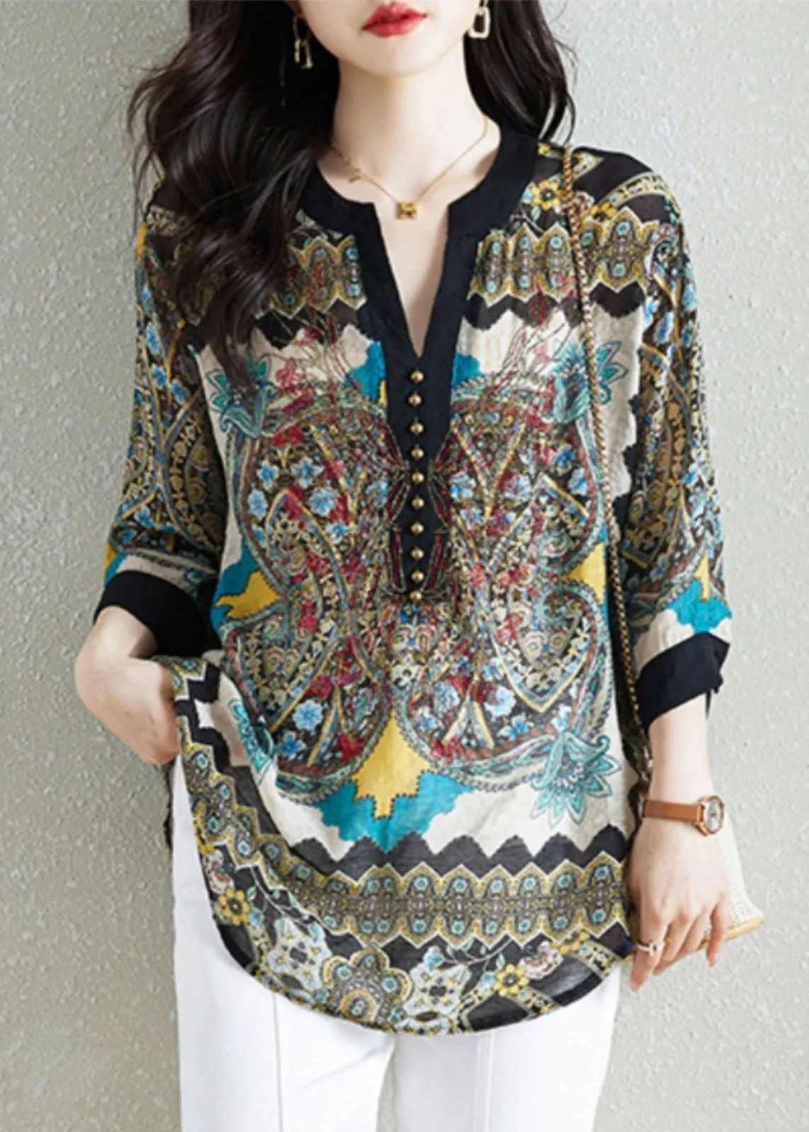 Black Print Patchwork Chiffon Shirt Tops V Neck Nail Bead Summer LY7551