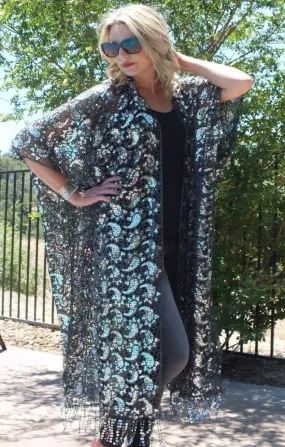 Black Silver Paisley Sequin Long Kimono Duster Top