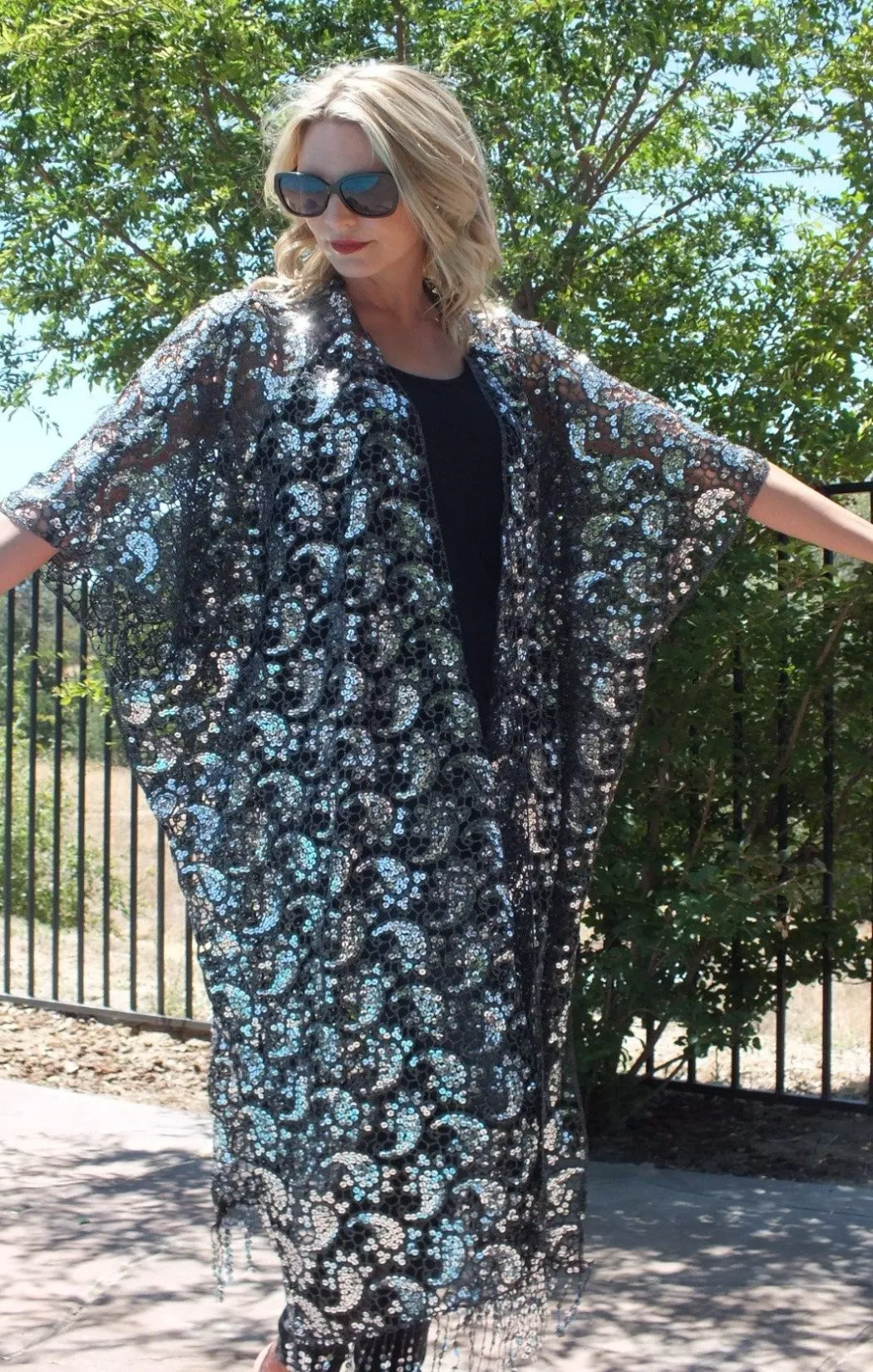 Black Silver Paisley Sequin Long Kimono Duster Top