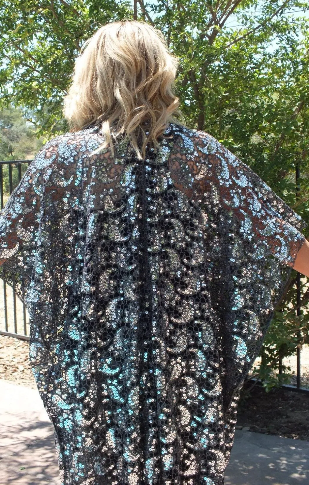 Black Silver Paisley Sequin Long Kimono Duster Top