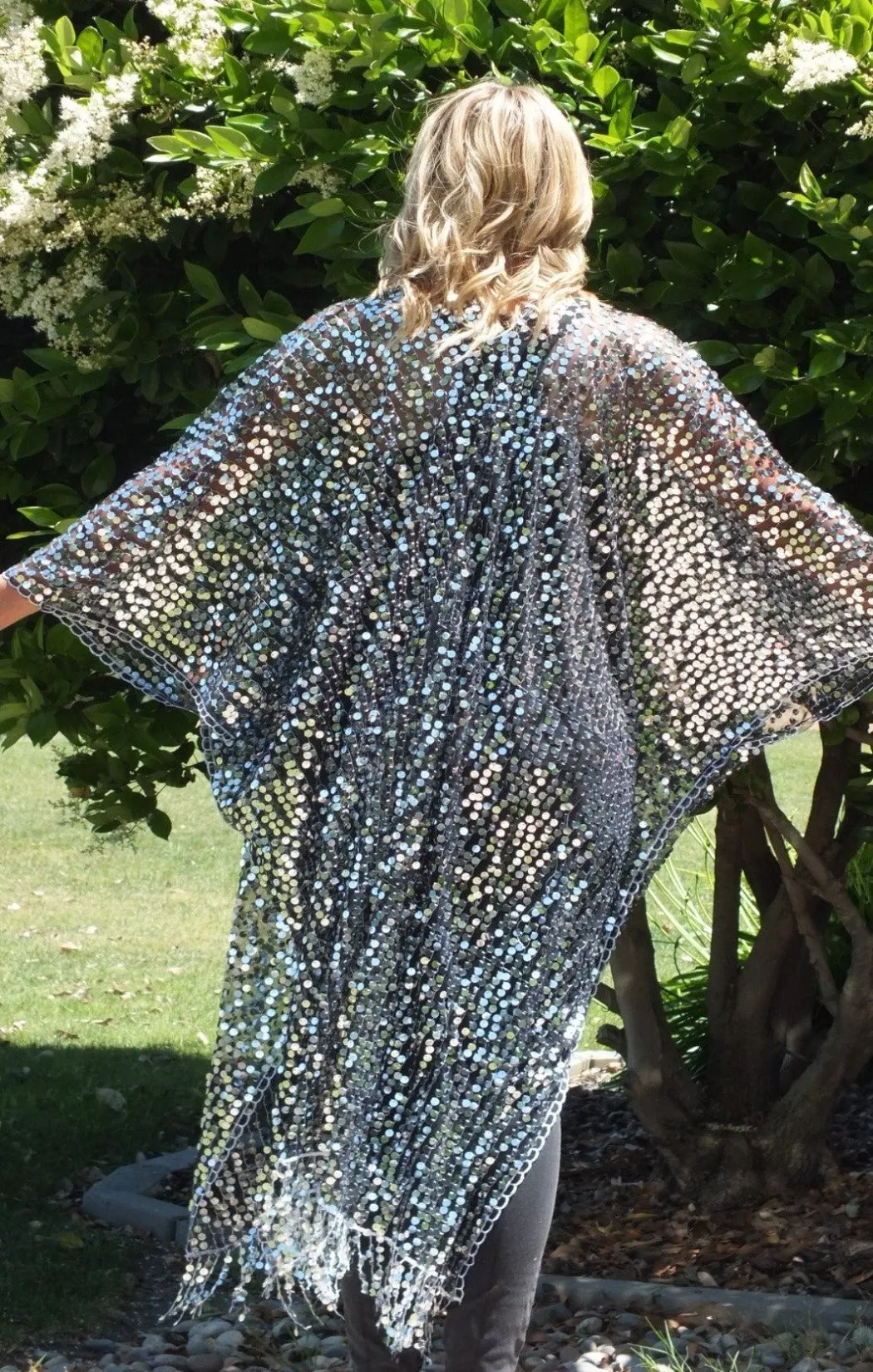 Black Silver Round Sequin Caftan Long Kimono Top