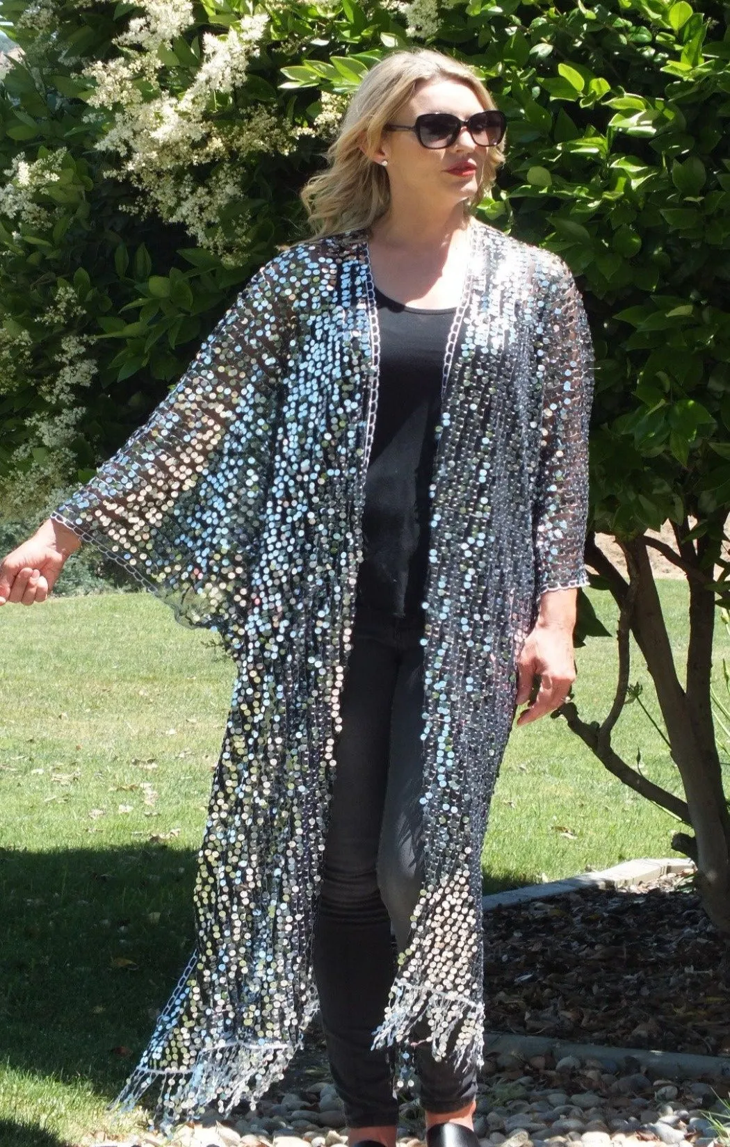 Black Silver Round Sequin Caftan Long Kimono Top