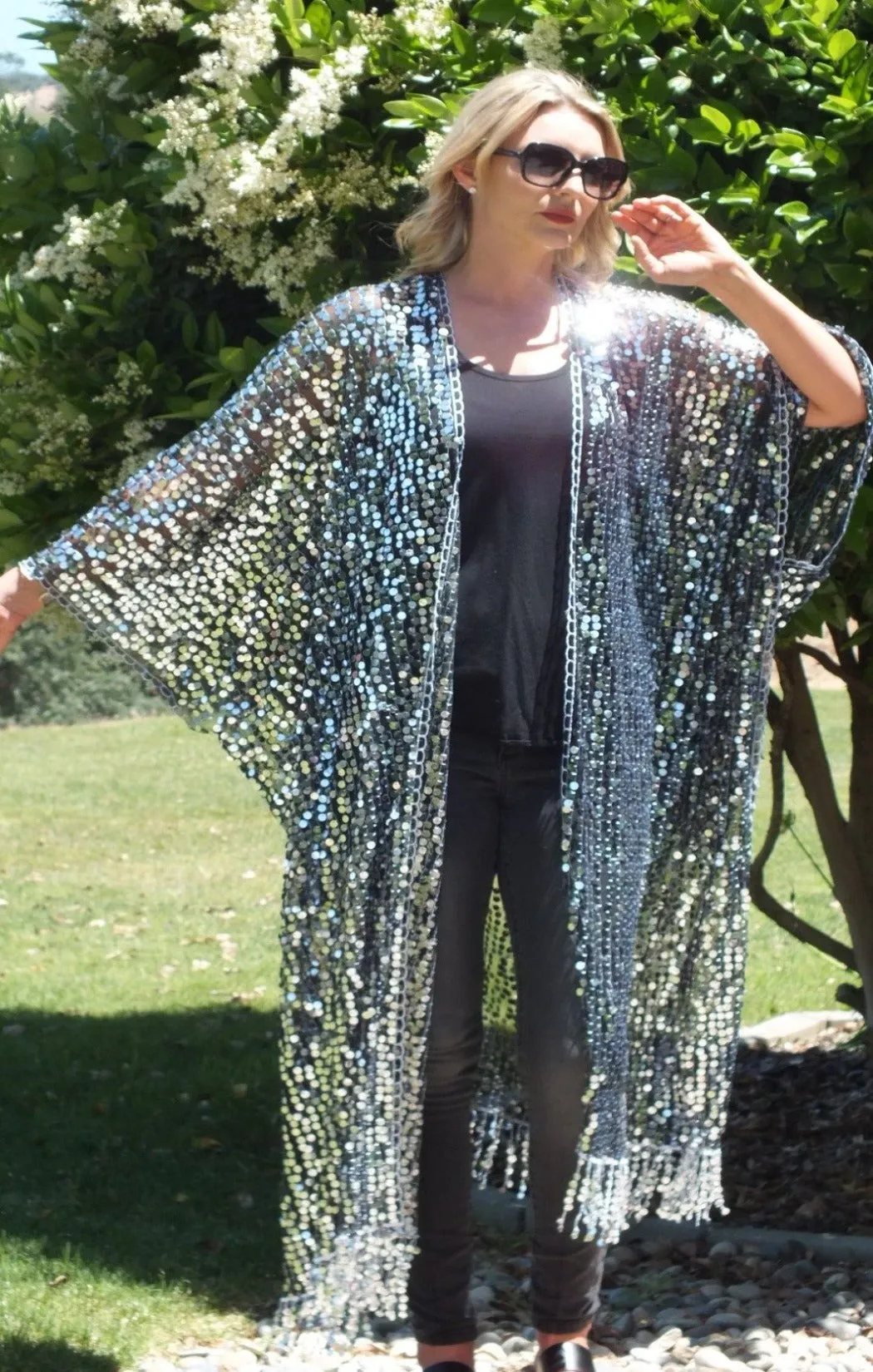 Black Silver Round Sequin Caftan Long Kimono Top