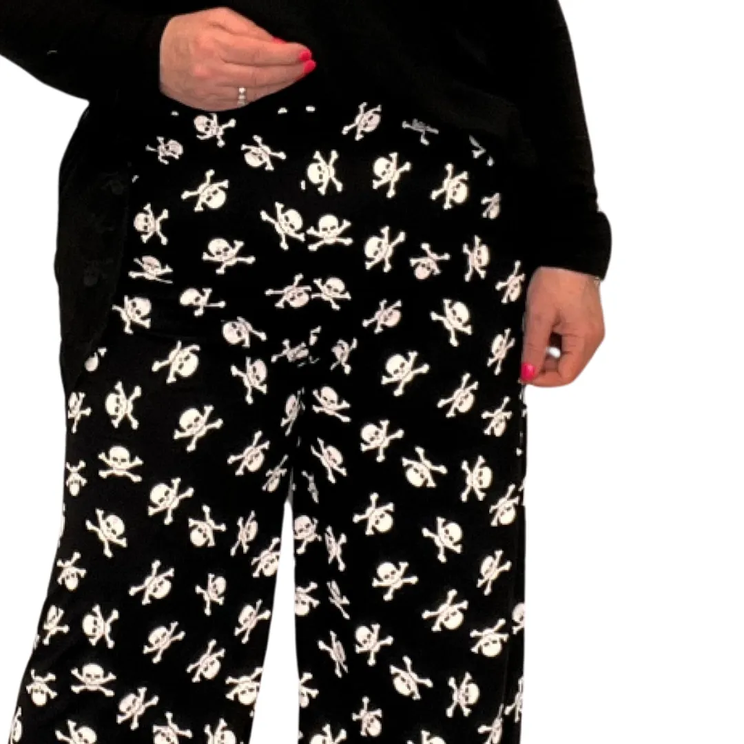 BLACK WHITE SKULLS ELASTIC WAIST PALAZZO TROUSERS