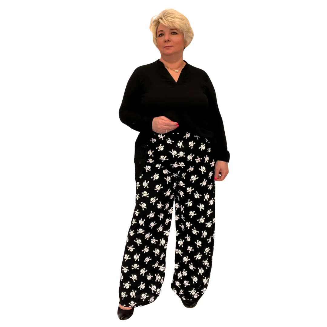 BLACK WHITE SKULLS ELASTIC WAIST PALAZZO TROUSERS