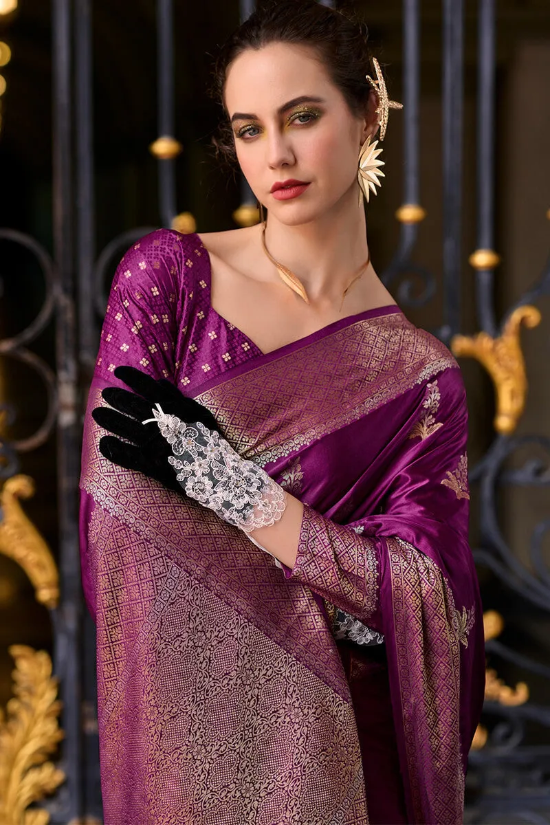 Blooming Purple Banarasi Satin Silk Saree With Engrossing Blouse