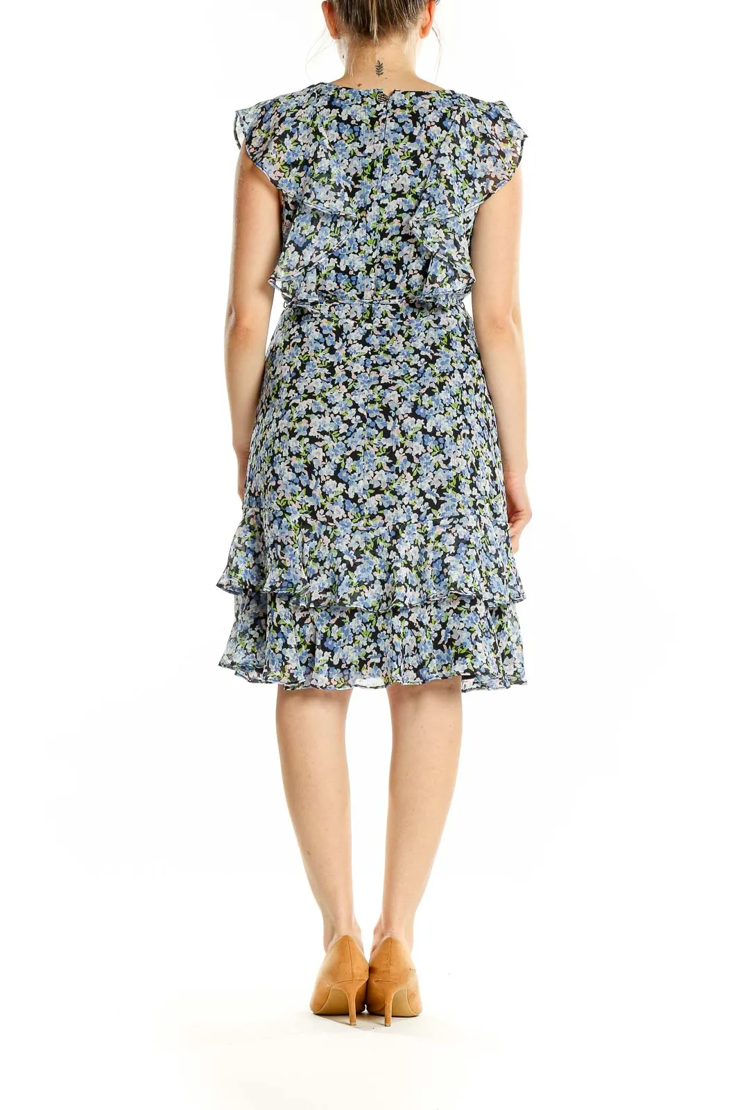 Blue Black Flare Sleeveless Floral Print Dress