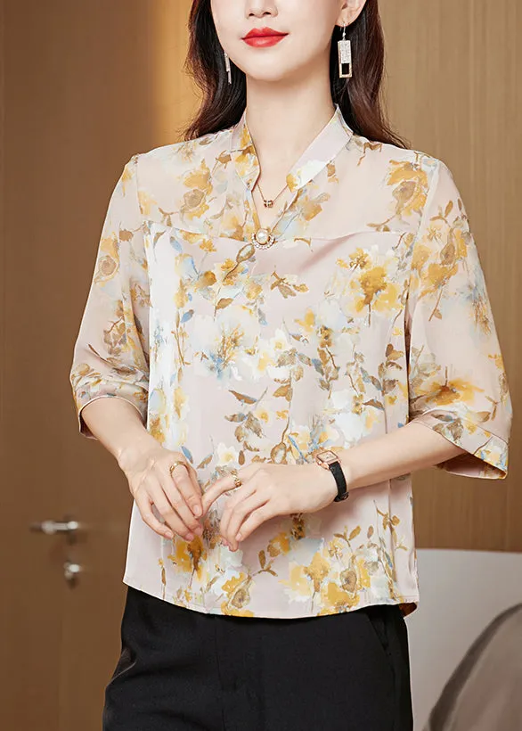 Bohemian Yellow Stand Collar Print Chiffon Shirt Tops Half Sleeve LY0423