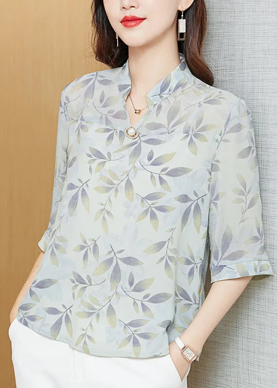 Bohemian Yellow Stand Collar Print Chiffon Shirt Tops Half Sleeve LY0423