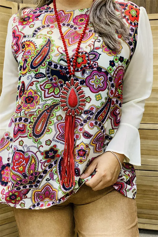 BQ15284 Paisley multi color printed white chiffon/ruffle long sleeve women tops