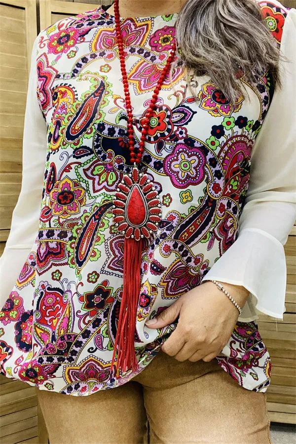 BQ15284 Paisley multi color printed white chiffon/ruffle long sleeve women tops