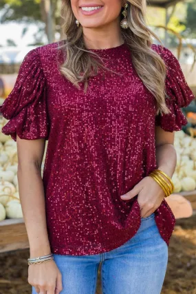 Burgundy Glittering Sequin Short Bubble Sleeve Blouse