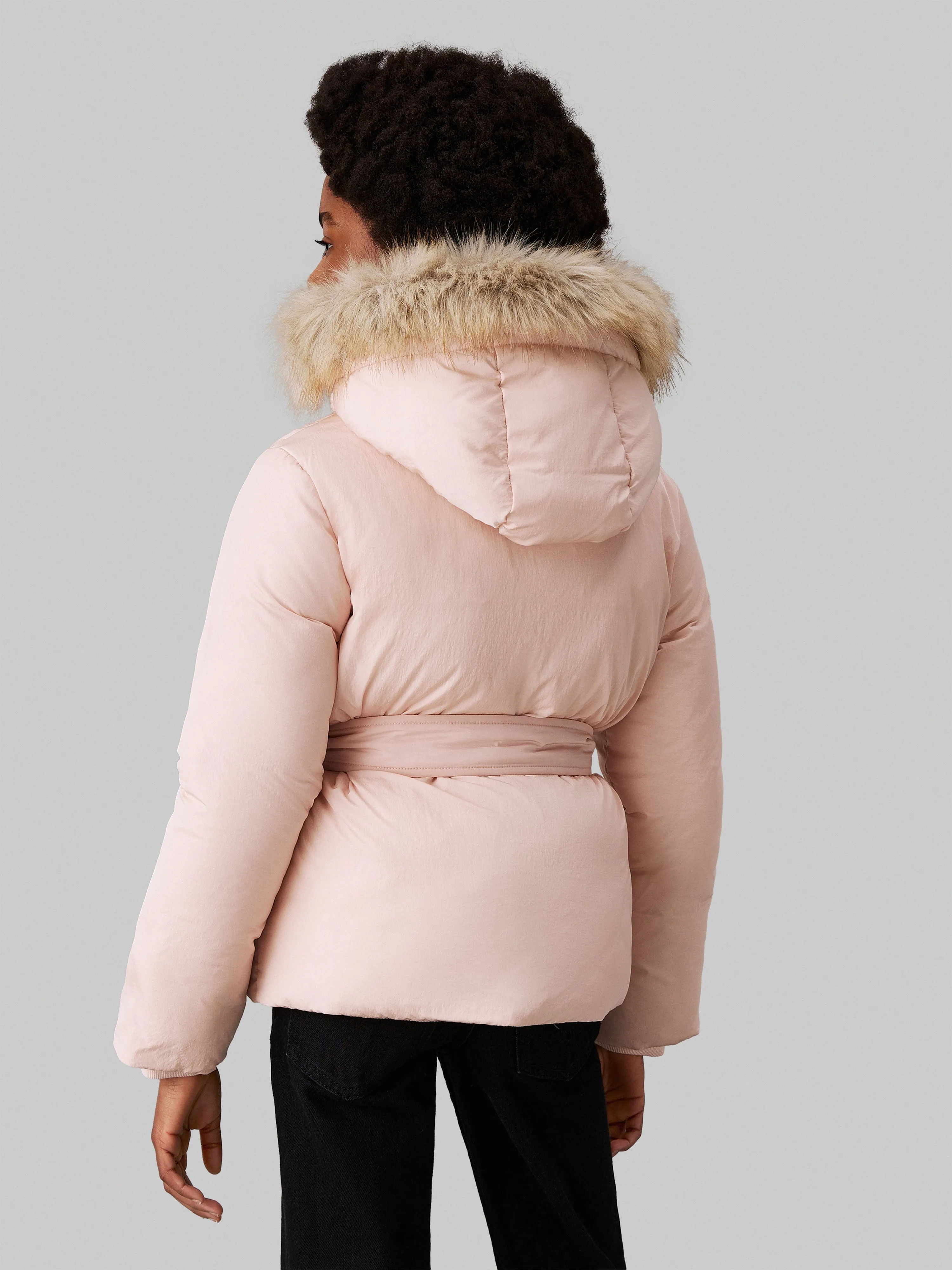 Calvin Klein Girls Classic Belted Fur Jacket in Pink