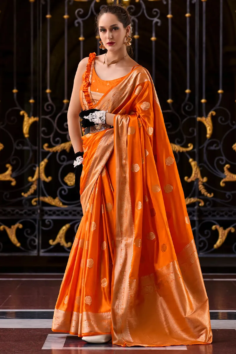 Captivating Orange Banarasi Satin Silk Saree With Desirable Blouse