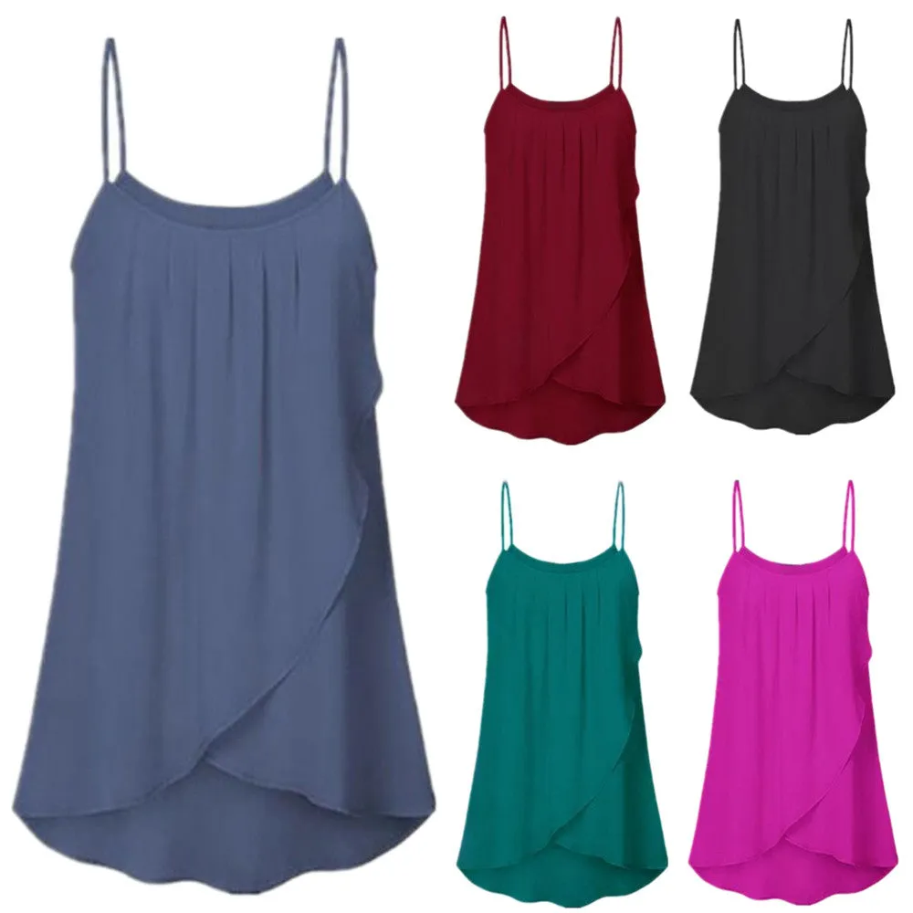 Casual Ladies' O-neck Irregular Sling Cross Chiffon Tank Tops