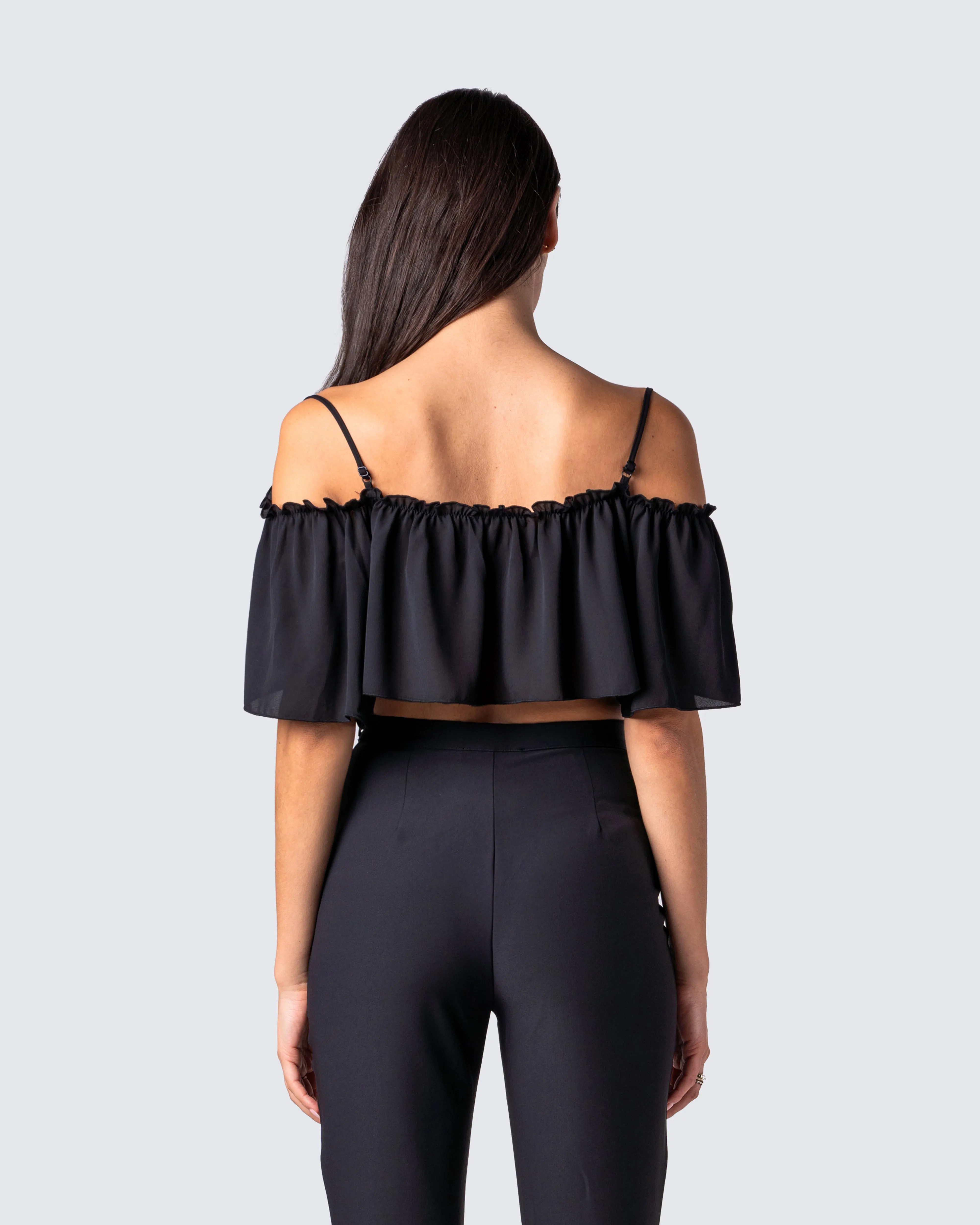 Catalina Black Chiffon Ruffle Top