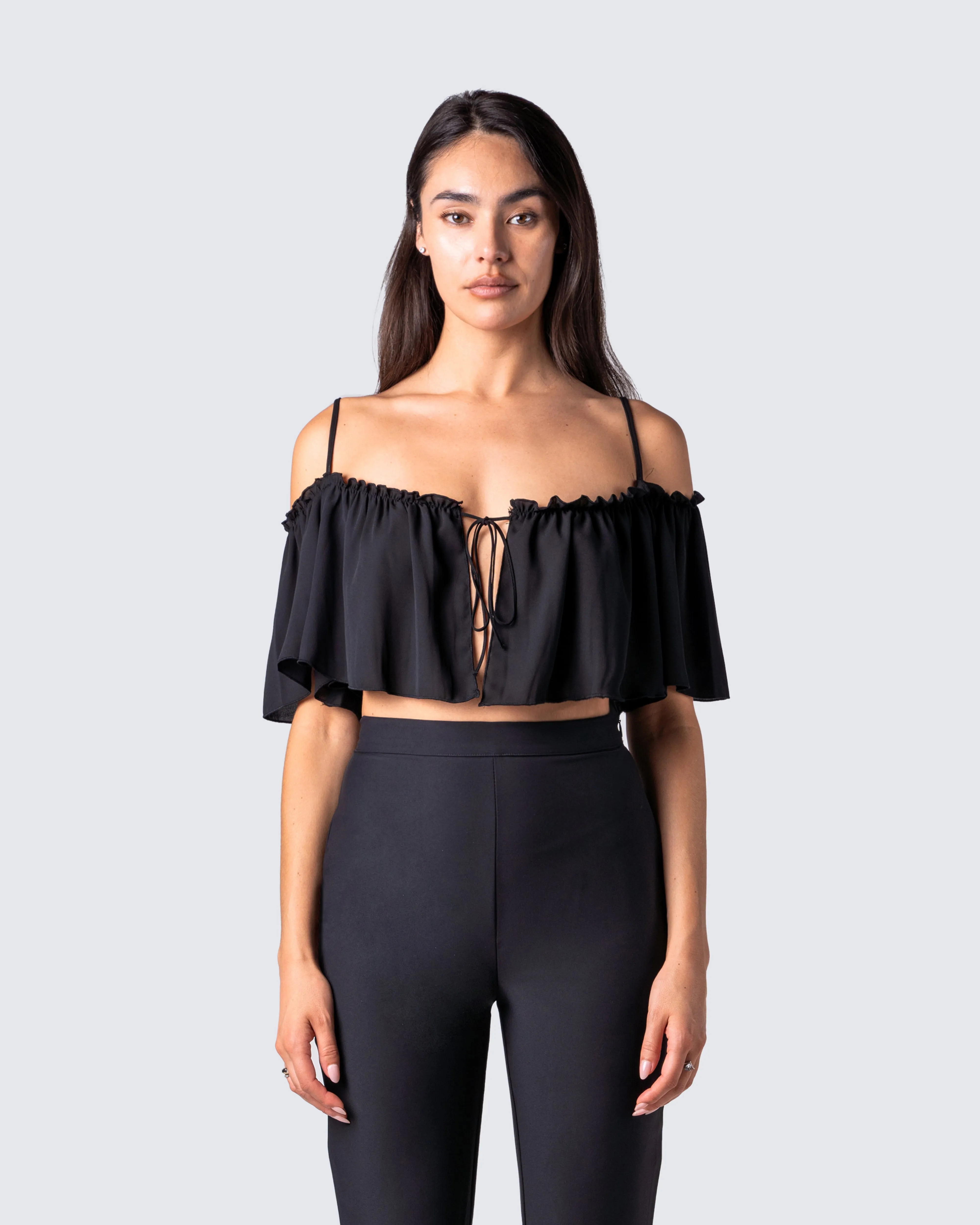 Catalina Black Chiffon Ruffle Top