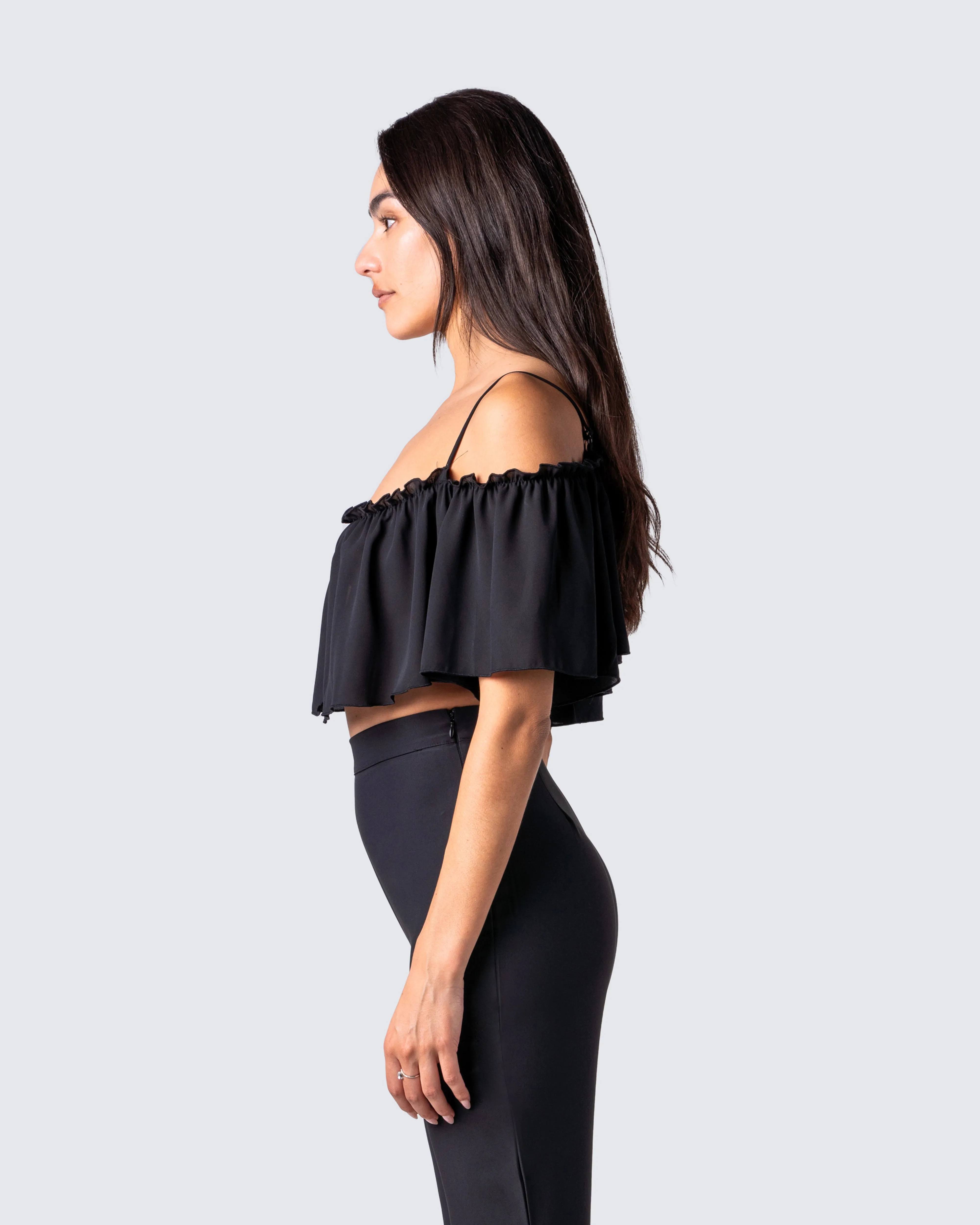 Catalina Black Chiffon Ruffle Top