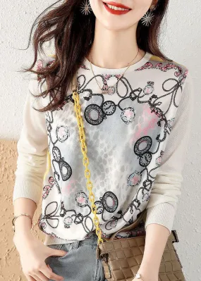 Classy White O-Neck Knit Patchwork Print Chiffon Shirt Tops Spring LY0061