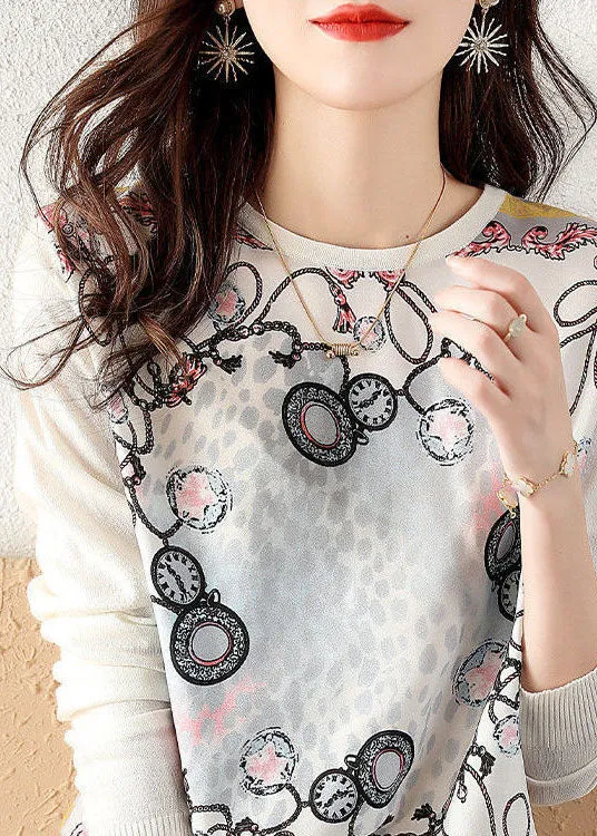 Classy White O-Neck Knit Patchwork Print Chiffon Shirt Tops Spring LY0061