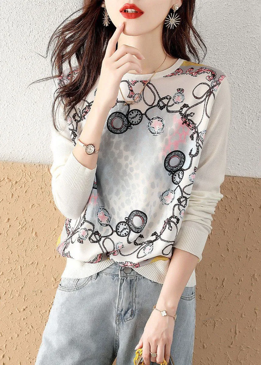 Classy White O-Neck Knit Patchwork Print Chiffon Shirt Tops Spring LY0061