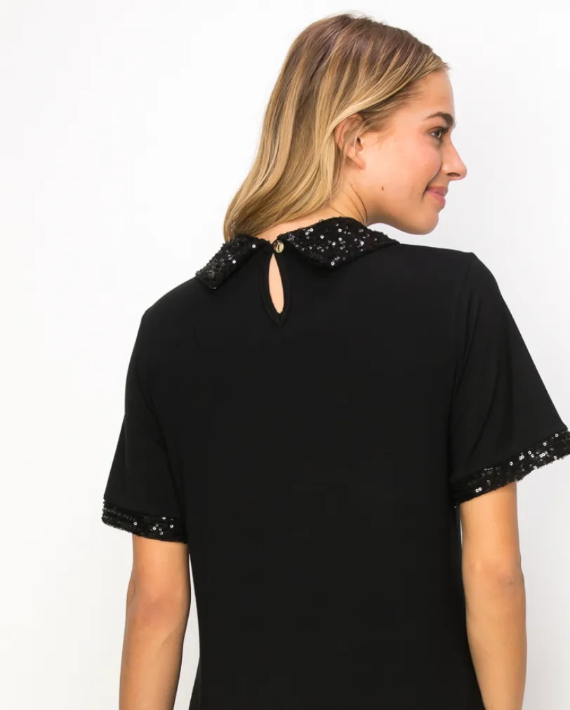 CN Sequin Collar S/S Top-Black