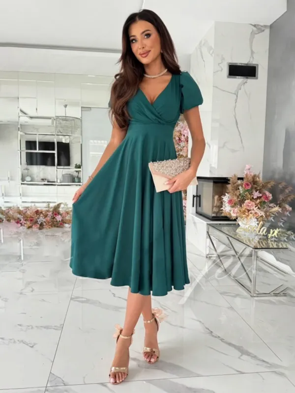 Cocktail Hour Surplice V-Neck Dress with Elegant Puff Sleeves